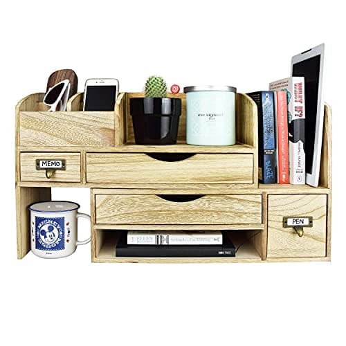 Ikee Design Large Extendable Wooden Desktop Organizer For Office Supplies, Storage Shelf Rack Book Shelf, Stationary Compartment Holder, Back to School, 17 1/4 W x 7 1/2 D x 12 H in