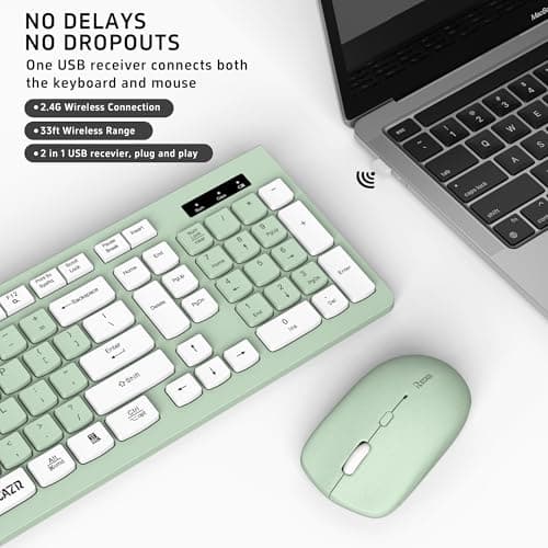Wireless Keyboard and Mouse Combo, Full-Sized Wireless Keyboard and Adjustable DPI Mouse, 2.4GHz USB Receiver, Wireless Keyboard and Mouse for PC, Windows, MAC, Desktop, Laptop (Avocado Green)