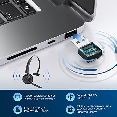 Bluetooth Headset, Wireless Headphone with AI Noise-Canceling Microphone for Computer, On Ear Bluetooth Headset with USB Dongle for Office Call Center Skype Zoom Meeting Online Class (Black)