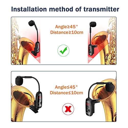 XIAOKOA UHF Wireless Instruments Microphone,Saxophone Microphone,Wireless Receiver and Transmitter,164ft Range,Plug and Play,Great for Trumpets, Clarinet, Cello