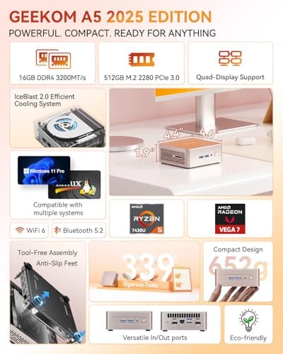 GEEKOM A5 2025 Edition Mini PC, AMD Ryzen 5 7430U, 16GB RAM & 512GB M.2 NVMe SSD, Windows 11 Pro Desktop Computer Support 8K UHD/Wi-Fi 6/Bluetooth 5.2/USB 3.2