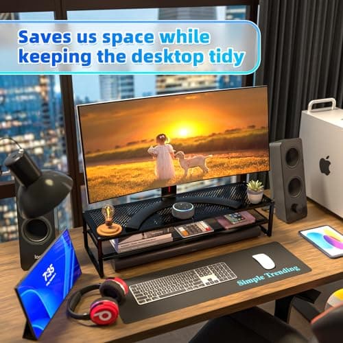 Simple Trending 2 Tier Metal Dual Monitor Stand Riser,Computer Office Desktop Organizer for 2 Monitors With 32"x10" Mouse Pad ,for Laptop,Printer,TV,Black