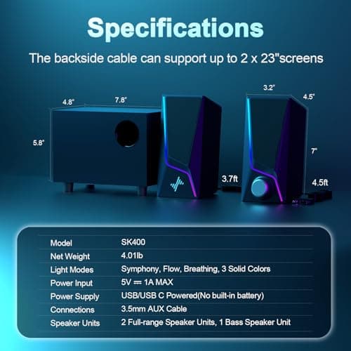 Nylavee Computer Speakers with Subwoofer, 2.1 Hi-Fi PC Speakers System with 6 Lighting Modes, Enhanced Bass, Plug and Play, USB/USB-C Powered and 3.5mm Aux in for Desktop, Monitor, Laptop, Tablet