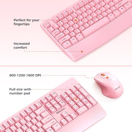 MEETION Wireless Keyboard and Mouse, Full-Sized Cordless Keyboard with Wrist Rest and 3 DPI Adjustable Mouse, 2.4G Wireless, Compatible with PC/Computer/Laptop/Windows/Mac, Pink
