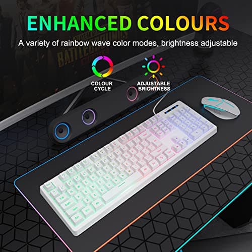 HUO JI White Gaming Keyboard USB Wired with Rainbow LED Backlit, Floating Keys, Mechanical Feeling, Spill Resistant, Ergonomic for Xbox, PS Series, Desktop, Computer, PC