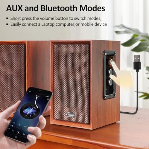 40W Computer Speakers,2.0 AC Powered Wooden PC Speakers with Strong Bass,7.28" X 2 AC Powered USB/Bluetooth Bookshelf Speakers with USB Input for DSP PC Speaker, Wooden Speaker for Laptop (C5201-US)