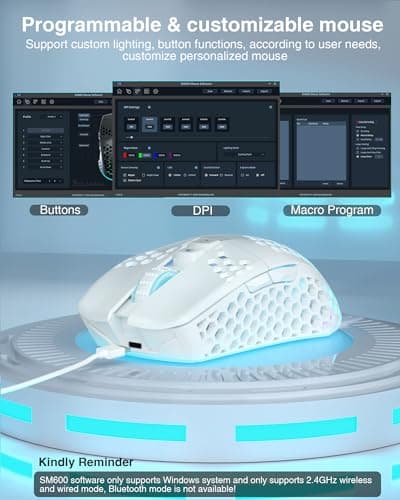 SM600 White Wireless Gaming Mouse,8000 DPI Tri-Modes BT5.1/Type-C Wired/2.4G Wireless Mouse with 2 Side Buttons, Programmable Macro Gamer Mouse with RGB Light for Laptop/PC/Mac