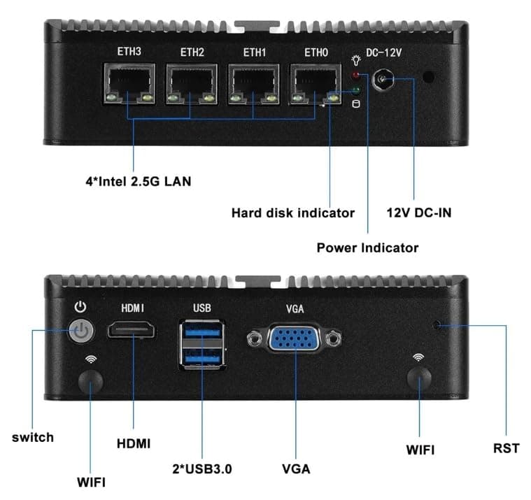 Fanless Mini PC N4000 with 4*i226 2.5G LAN, 2*USB3.0,HDMI,1*VGA,Mini Desktop Computer Support Dual Band WiFi for Industry Business,NO RAM NO SSD (NO RAM NO SSD)