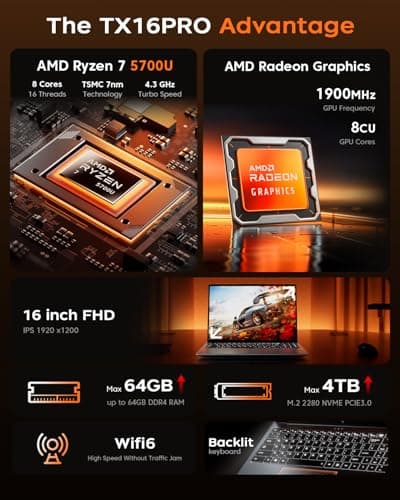 2025 AMD Laptop, 16.0inch Laptop Computer with AMD Ryzen 7 5700U(8C/16T, Up to 4.3GHz), 16GB RAM 512GB NVMe SSD Windows 11 Laptop, Radeon RX Vega 8 Graphics,WiFi 6, Backlit KB,53Wh Battery,Gray