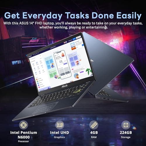 ASUS 14" FHD Laptop, Intel Pentium N6000 Processor, 4GB RAM, 224GB Storage(64GB eMMC+160GB Docking Station Set), Intel UHD Graphics, Webcam, Bluetooth, Win 11, Star Black