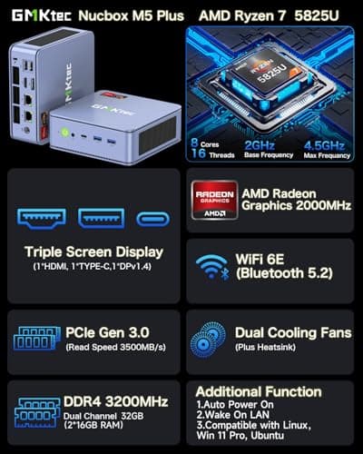GMKtec M5 Plus Gaming Mini PC Ryzen 7 5825U (Upgraded 7430U/ 5700U), 32GB RAM 1TB SSD Dual NIC LAN 2.5GbE Desktop Computers, Triple 4K Display - Lunar Blue