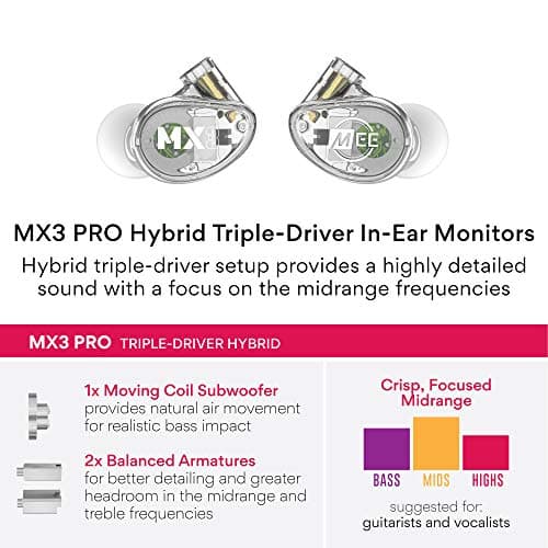 MEE audio Professional MX3 PRO Triple-Driver Hybrid Musician's in Ear Monitor Headphones with Enhanced Midrange and Warm Tonality, Noise Isolating Earphones with Detachable Cables, Transparent