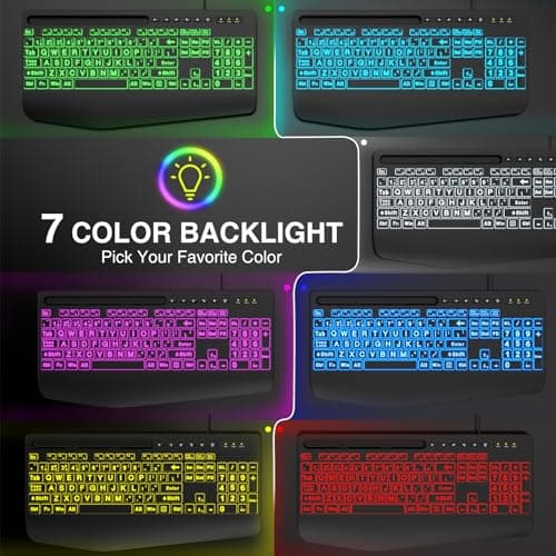 SABLUTE Large Print Backlit Keyboard, Wired USB Computer Keyboards with 7-Colors Backlight, Wrist Rest, Phone Holder, Oversized Letter Keys Easy to See and Type for Laptop, PC, Windows, Black