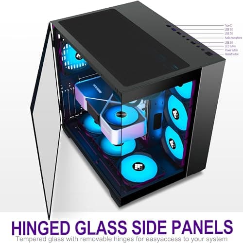 F600 PC Case - Pre-Installed 7 PWM ARGB Fan, ATX Mid-Tower Gaming PC Case, 270° Panoramic Glass with Type-C, FOIFKIN (Black, F600)