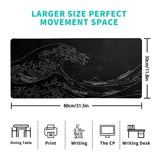 Japanese Sea Wave Large Mouse Pad, Anime Black Gaming, Extended Kanagawa Mat Desk Pad, 3mm Thick Long Non-Slip Rubber Base Mice Pad, 31.5 X 11.8 Inch
