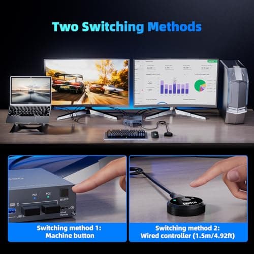 USB C KVM Switch 4K@60Hz,Dual Monitor USB C HDMI KVM Switch for 1 PC and 1 Laptop Sharing 2 Monitor and 4 USB3.0 Devices, PD Power for Laptop with Wired Remote Control and USB Cables Included