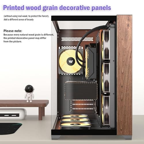 KEDIERS PC CASE ATX 6 PWM ARGB Fans Pre-Installed, Mid Tower Computer Case with Full-View Tempered Glass, Type-C,Printed Walnut Wood Panels,Support 360mm Radiator,Black Gaming Case (P7)