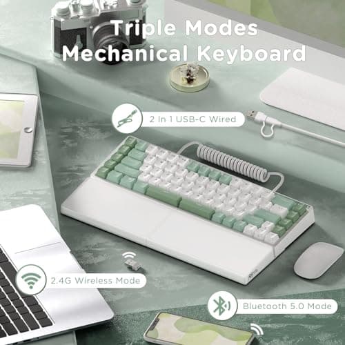 RK ROYAL KLUDGE RKS70 Ergonomic Split Mechanical Keyboard, Wireless Bluetooth/2.4G/Wired Keyboard with Wrist Rest, 75% RGB PC Gaming Keyboards for Win/Mac, Hot Swappable Silver Grey Switches, White
