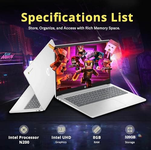 HP Chromebook 15.6" HD Flagship Laptop for Student Business, Quad-Core Intel N200 Processor, 8GB RAM, 320GB Storage (64GB eMMC + 256GB Card), Webcam, WiFi, Long Battery, Chrome OS+HubxcelAccessory
