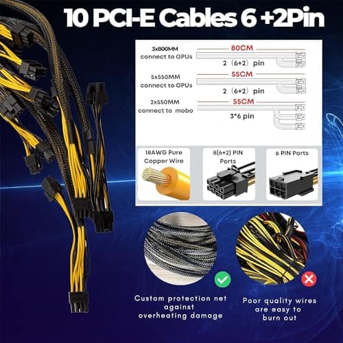 VTRETU 2000W Mining Power Supply 2U Miner PSU 110-264V for ETH Miner Machine, Support 8 GPU Mining rig, with 12000 RPM Powerful Fan (10 Connection Cables and 1 Power Cord