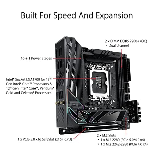 ASUS ROG Strix Z790-I Gaming WiFi Intel® Z790 LGA 1700 Mini-ITX motherboard, 10 + 1 power stages, DDR5, two M.2 slots, PCIe® 5.0, WiFi 6E, Thunderbolt™ 4, and USB 3.2 Gen 2x2 Type-C®