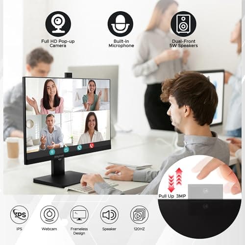 23.8” Business Webcam Gaming Monitor, 1080P IPS 120HZ, Video Conference Monitor - Built-in Adjustable 3MP Webcam, Mic Array, Speakers, Eye Care, Frameless, HDMI, DP, VGA, USB 2.0