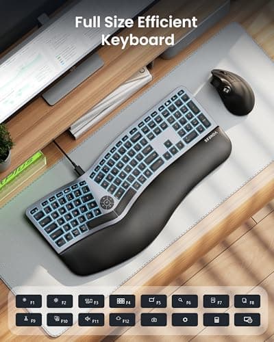 seenda 7-Color Backlit Wired Ergonomic Keyboard, KUW01 USB & Type-C Wired Split Keyboard, Cushioned Wrist Rest, Full Size with NumPad, Compatible for Windows, macOS, PC, Laptop, MacBook - Black Gray