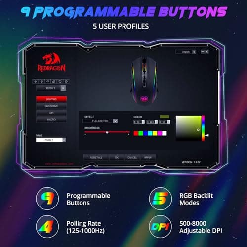 Redragon Gaming Mouse, Wired Gaming Mouse with RGB Backlit, 8000 DPI Adjustable, Mouse with 9 Programmable Macro Buttons & Fire Button, Software Supports DIY Keybinds, M910-K