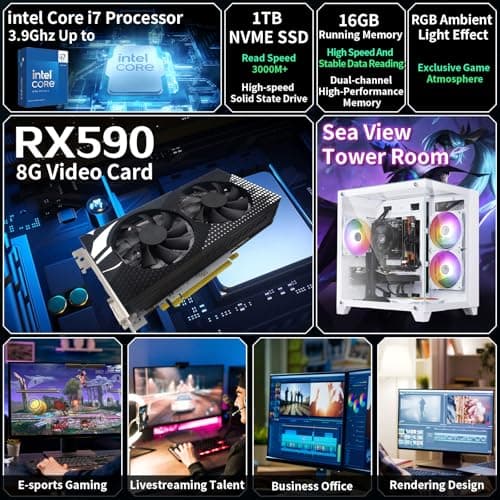 Prebuilt Gaming PC Desktop Computer,Intel Core i7 Desktop,Operating at A Frequency of 3.4-3.9 GHz,RX590 Graphics Card with 8GB GDDR5 Video Memory,16GB RAM, 1TB NVME SSD,WiFi 5.0,RGB Fan x4