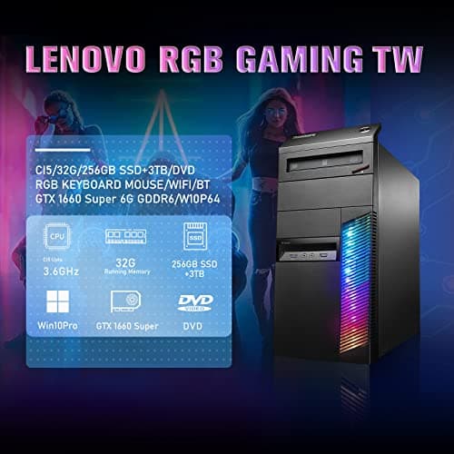 Lenovo Gaming PC Desktop Computer - Intel Quad I5 up to 3.6GHz, GeForce GTX 1660 Super 6G GDDR6, 32GB Memory, 256G SSD + 3TB, RGB Keyboard & Mouse, WiFi & Bluetooth 5.0, DVD, W10P64 (Renewed), (M83)