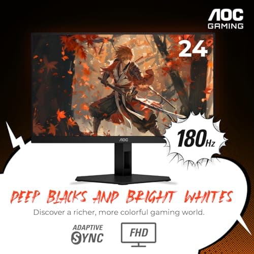 AOC 24G4E 24" Gaming Monitor, Full HD 1920x1080 IPS Panel, 180Hz 1ms, 1x HDMI 2.0, 1x Display Port, Adaptive-Sync, Audio Earphone Out, Console Gaming Ready, 3-Year Zero-Bright-Dot