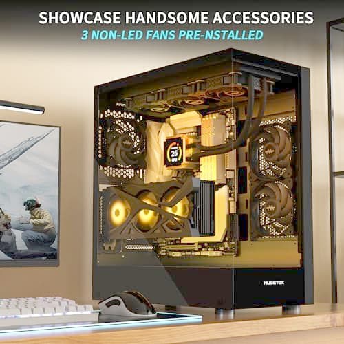 MUSETEX K2 PC Case, Computer Case 360MM RAD Support, Type-C Black ATX Case for PC, Full-View Dual Tempered Glass Mid Tower Case with 3 Non-LED Fans, Desktop Gaming PC Case