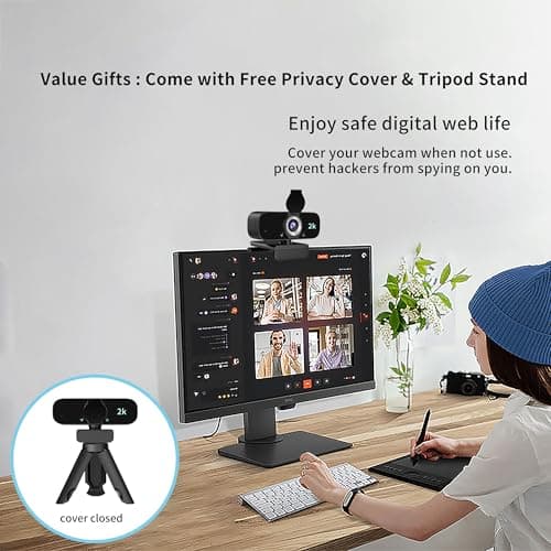Webcam for PC, 2K Webcam with Noise-Canceling Mic, Tripod, Privacy Cover, 120°FOV, Auto Focus/Light Correction/Selfie Beauty, USB Web Camera for Streaming/Meeting/Video/Zoom/Broadcast/YouTube