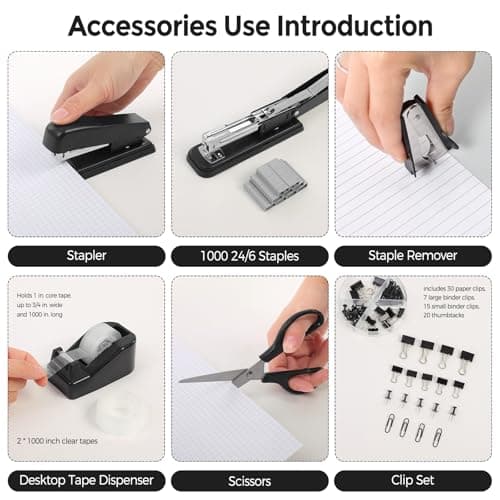 SKYDUE Black Office Supplies Set, Black Desk Accessories, Stapler, Tape Dispenser, Scissors, Binder/Paper Clips and 1000pcs Staples, Desk Supplies Set