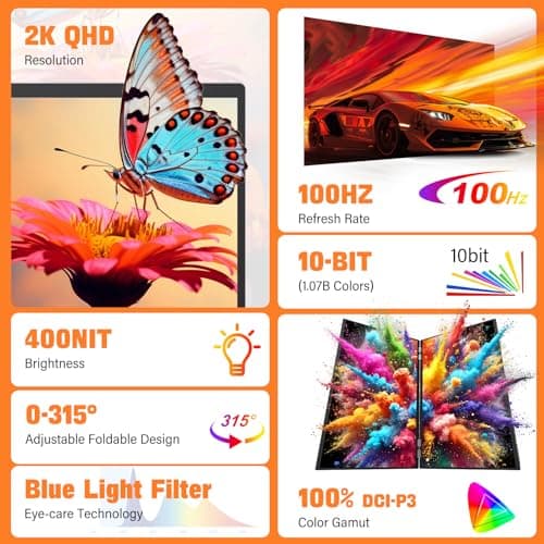 InnoView 18" 2K 100Hz Portable Monitor 100% DCI-P3 Portable Dual Monitor for Laptop 315°Adjustable Screen Extender for Windows Mac with Type-C HDMI DP Foldable Monitors Portatil(No Driver Needed)