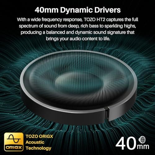 TOZO HT2 Hybrid Active Noise Cancelling Headphones, Wireless Over Ear Bluetooth Headset, 60H Playtime, Hi-Res Audio Custom EQ via App Deep Bass Comfort Fit Ear Cups, for Home Office Travel Black