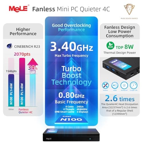 MeLE Mini PC Quieter 4C - 12th Gen N100, Fanless PC, 16GB Memory, 512GB Storage,with Windows 11 Pro, 2.4/5G Wi-Fi, Full-Functional USB-C, 4K Triple Display Desktop
