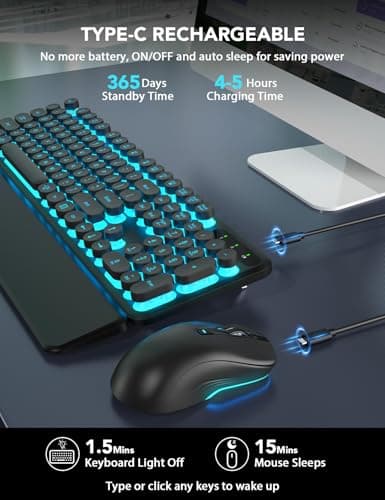 Wireless Keyboard and Mouse Backlit - Typewriter Keyboard with Detachable Wrist Rest, Retro Round Keycaps, Light Up Letters, 2.4G Cordless Combo for Mac, Windows, PC, Laptop, Trueque [2024 Upgraded]