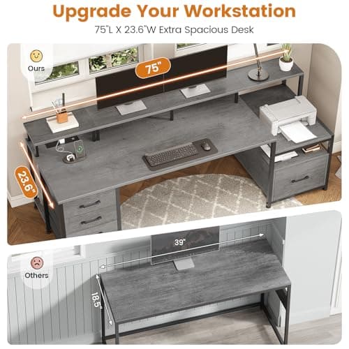 SEDETA 75'' Computer Desk with 5 Drawer, Power Outlet & Led Lights, Home Office Desk with File Drawer, Storage Shelves, Printer Cabinet and Monitor Shelf, 23.6" W Large Desktop Gaming Desk, Grey