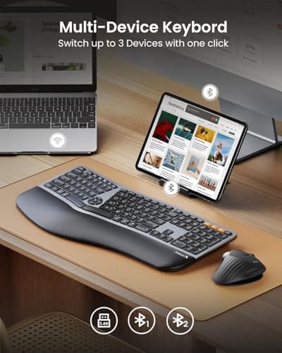 ProtoArc Backlit Bluetooth Ergonomic Keyboard, EK01 Plus Full Size Wireless Split Keyboard with Dual Bluetooth and USB, Cushioned Wrist Rest, Rechargeable, Compatible with Windows/Mac/Android, Grey
