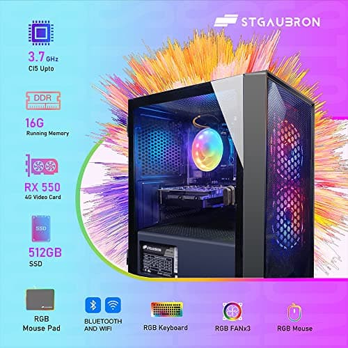 STGAubron Prebuilt Gaming PC Desktop, Radeon RX 550 4G GDDR5, Intel Core I5 up to 3.7GHz, 16G RAM, 512G SSD, WiFi, BT 5.0, RGB Fan x3, Windows 10 Home