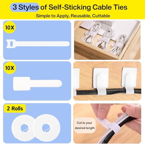 [313Pcs] Cable Management Kit, 67 Adhesive Cable Clips, Topavatop Desk Cord Organizer, 22 Reusable Cable Strap, 4 Cable Sleeve Split, 200 Nylon Cable Zip Ties with 20 Mounts for TV Office Home, White