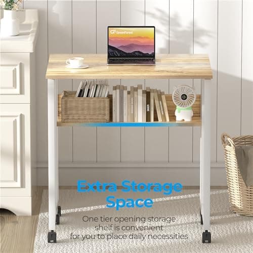 GreenForest Folding Desk Small Rolling Desk with Storage Shelf,24.8 inch Foldable Computer Desk with Wheels for Small Space,Easy Assembly,Oak