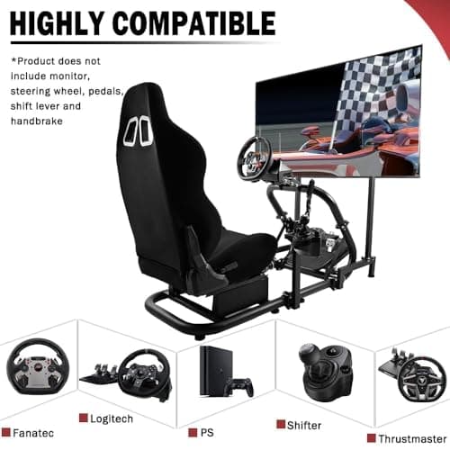 Supllueer Racing Sim Cockpit with Ergonomic Seat&Monitor Stand Fit for Logitech/Fanatec/Thrustmaster G27 G923 G920,50mm Large Round Tube Driving Simulator Stand, No Steering Wheel/Shift/Pedal/TV