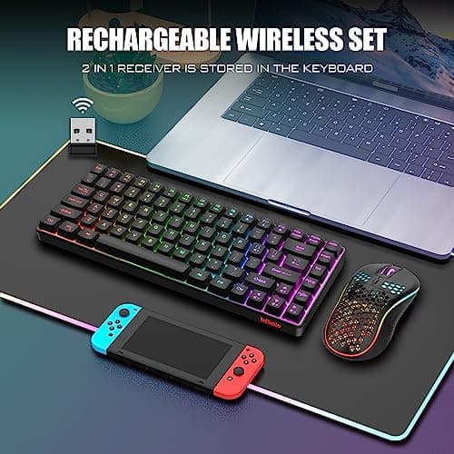 RedThunder K84 Wireless Keyboard and Mouse Combo, Rainbow Backlit Rechargeable Battery, 75% Layout TKL Ultra Compact Gaming Keyboard & Lightweight 3200 DPI Honeycomb Optical Mouse (Black)