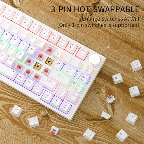 Newmen GM326 75% Percent Mechanical Keyboard,Wired Mini Backlit Hot Swappable Gaming Mechanical Keyboard with Knob,82 Keys Anti-Ghosting Compact White Gaming Keyboards for PC Win Mac,Red Switch