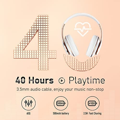 Bluetooth Headphones Over Ear, 6S Foldable Wireless Headphones with 6 EQ Modes, 40 Hours Playtime HiFi Stereo Headset with Mic, Soft Ear Pads, TF/FM for Cellphone/PC/Home (White & Gold)