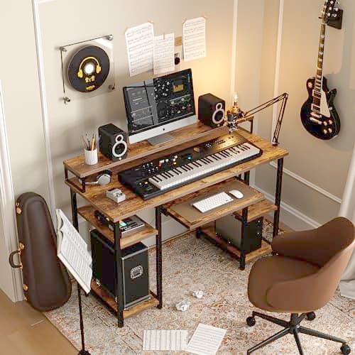 CubiCubi Computer Desk with Keyboard Tray, 47 Inch Office Desk with Monitor Stand and Storage Shelves, Music Studio Desk Workstation, Work Table for Home Office, Rustic Brown