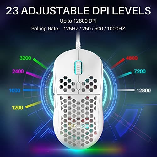 DIERYA M1SE Wired Gaming Mouse with Honeycomb Shell, 12800DPI Optical Sensor, 6 Programmable Macros, Software Support for Custom Key Config, and RGB Settings for Windows 7/8/10/XP, Vista, Linux-White