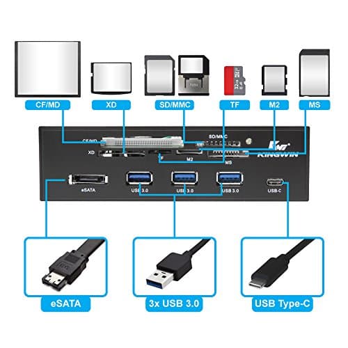 Kingwin Powered USB Hub 3.0 w/ 1 USB-C Port, SD Card Reader & Micro SD Card Reader - Sata Power Port w/Lightning Speed Data Transfer Up to 5Gbps - 5.25" Computer Case Front Bay, black (KW525-3U3CR)